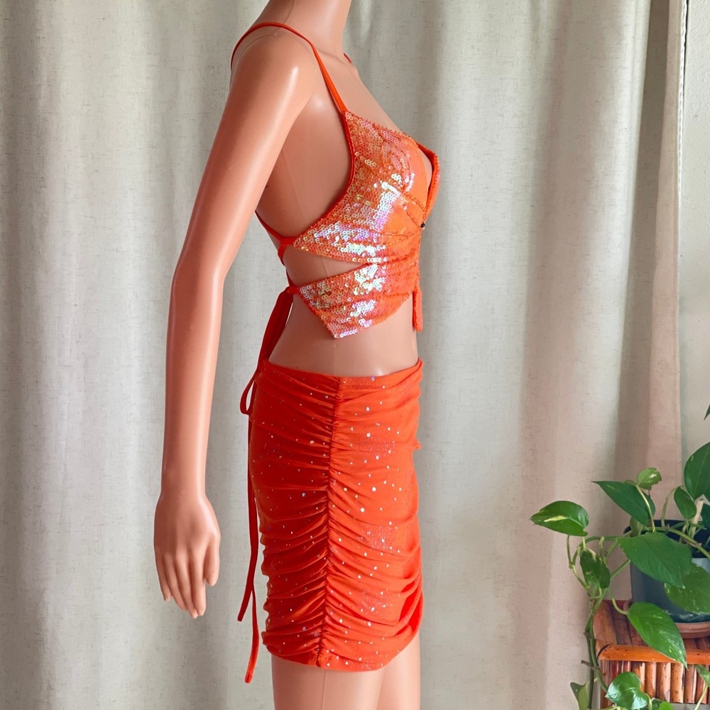 Orange Sequin Butterfly Crop Top Ruched Mini Skirt Two Piece Set Euphoria Rave M - Picture 3 of 10